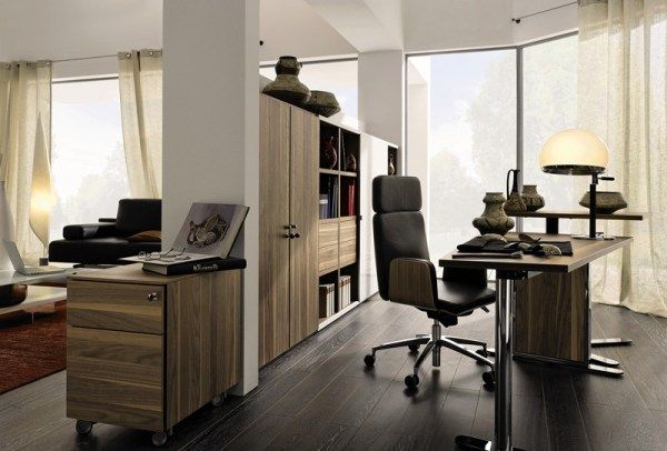 Elegant-home-office-clad-in-brown-wooden-surface